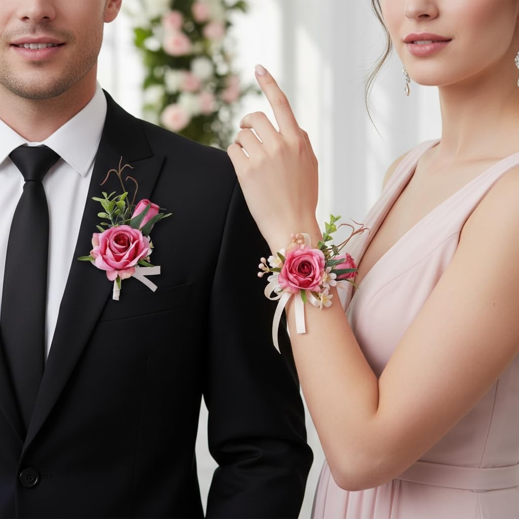Pink Rose Corsage Boutonniere Set Groomsmen Buttonholes Wrist Decoration