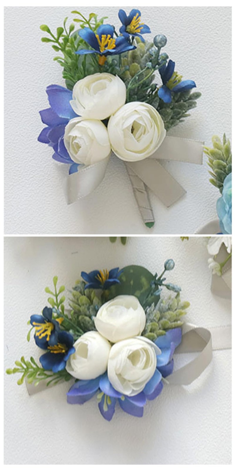 2 Pieces Artificial Wrist Corsage Boutonniere Set Blue White Wedding