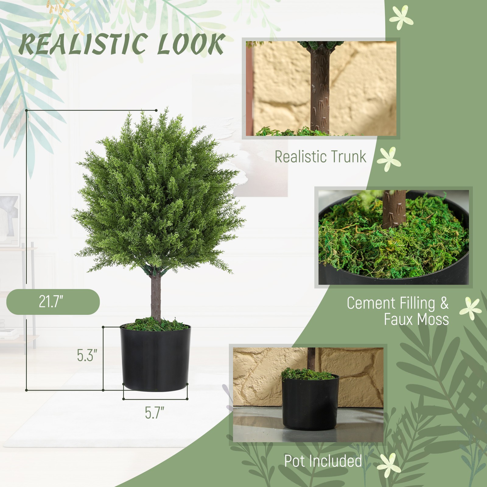 HOMCOM Set of 2 Decorative Artificial Plants, Cedar Topiary Trees in Pots