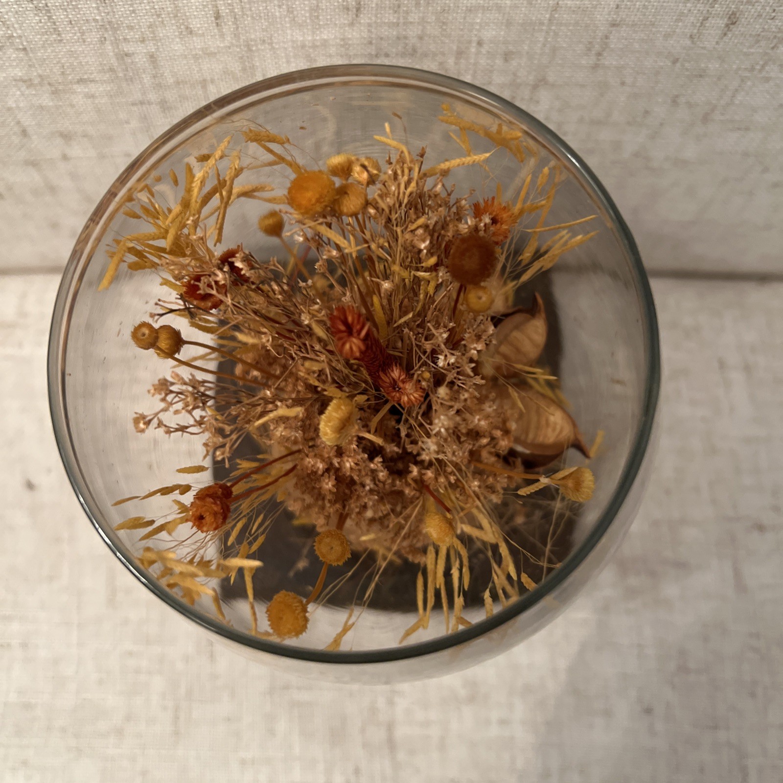 Vintage MCM Glass Terrarium With A Wood Base Dried Flowers Inside
