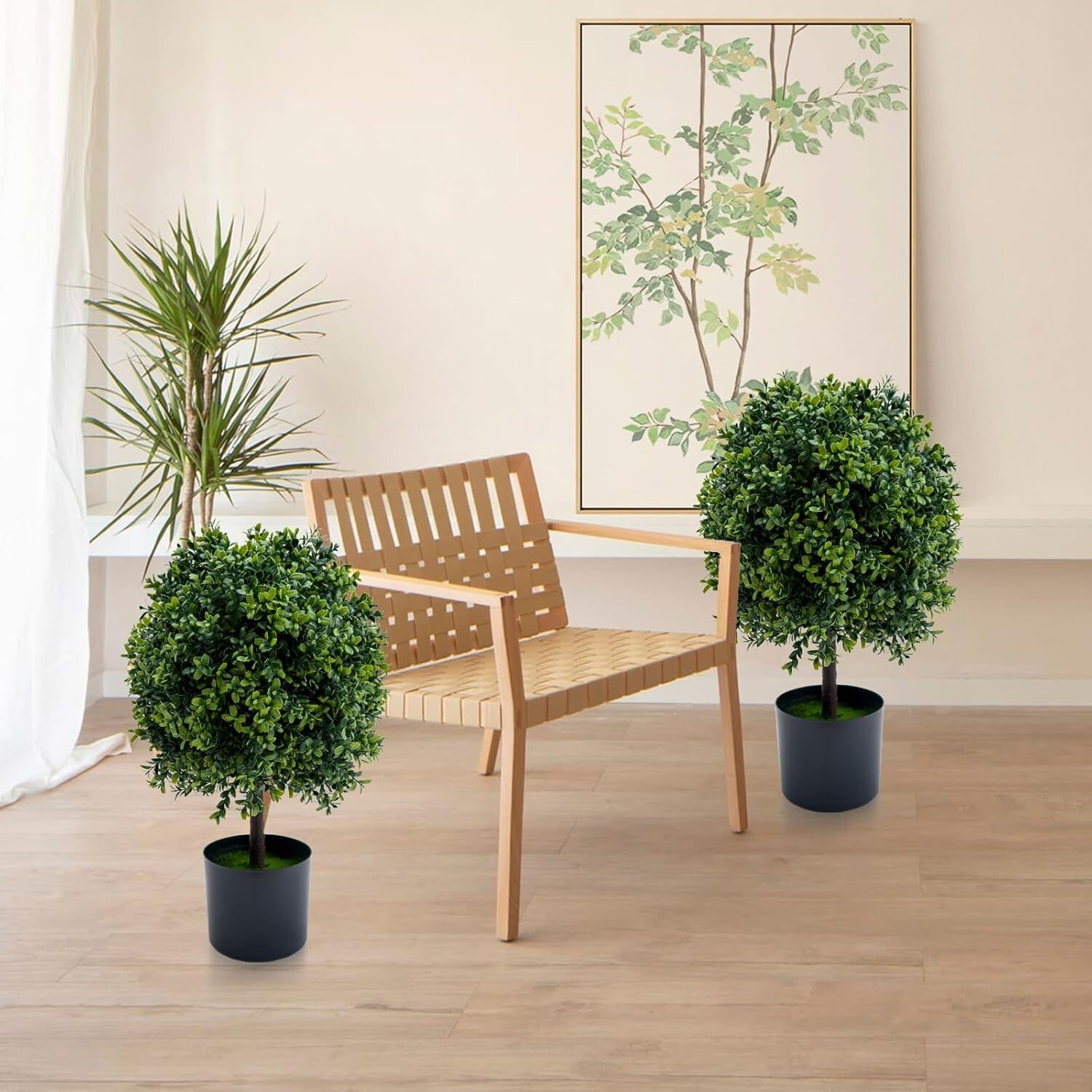 Artificial Topiary Triple Ball Boxwood Tree, 2 Pack Fake Topiaries Trees 20inch