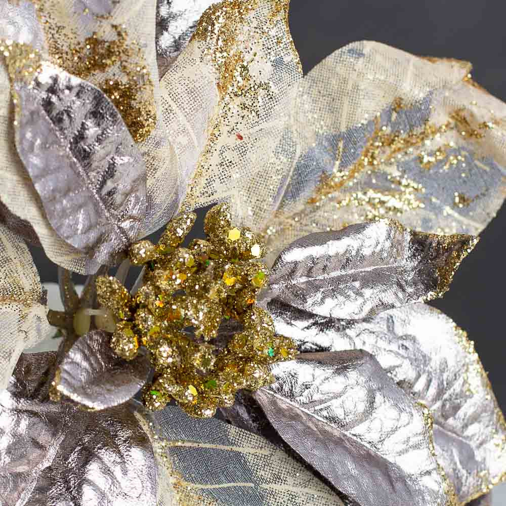 Set of 2 Platinum Sparkling Satin and Mesh Artificial Poinsettia 8″ Picks