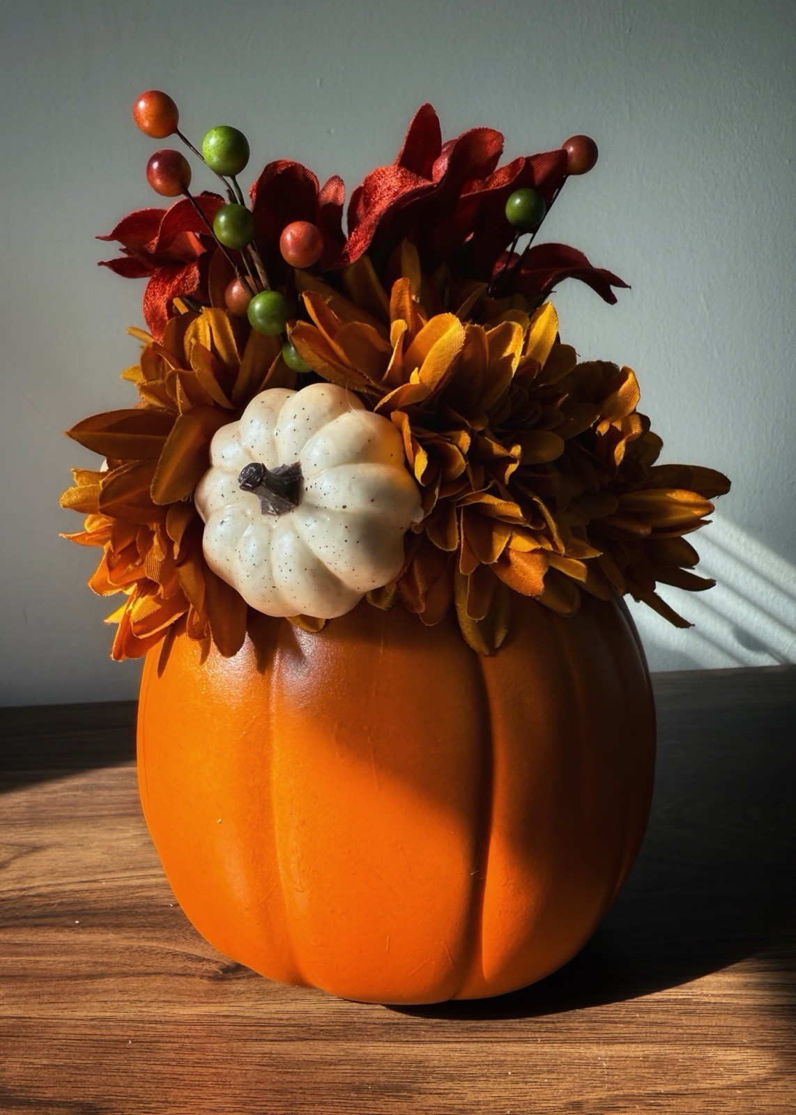 Handmade Fall Colors Centerpiece In A Warm, Festive Pumpkin With Silk Flowers