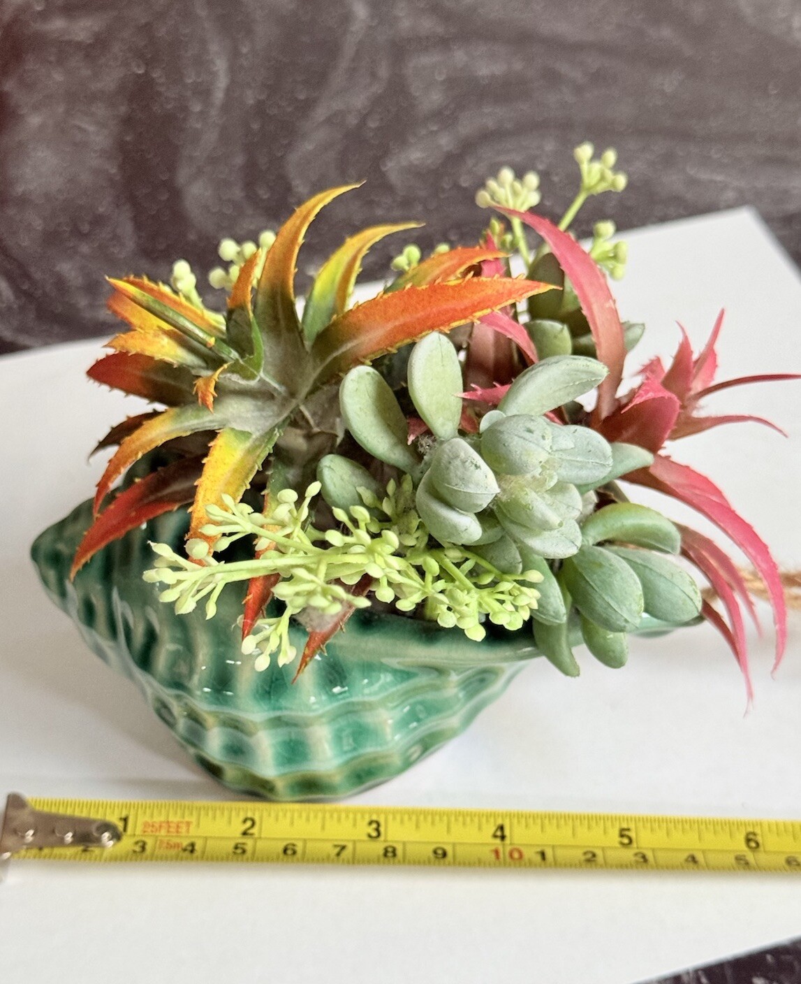 Fake Assorted Plants Faux Succulents in VTG Seashell Hanging Pot Realistic Plant
