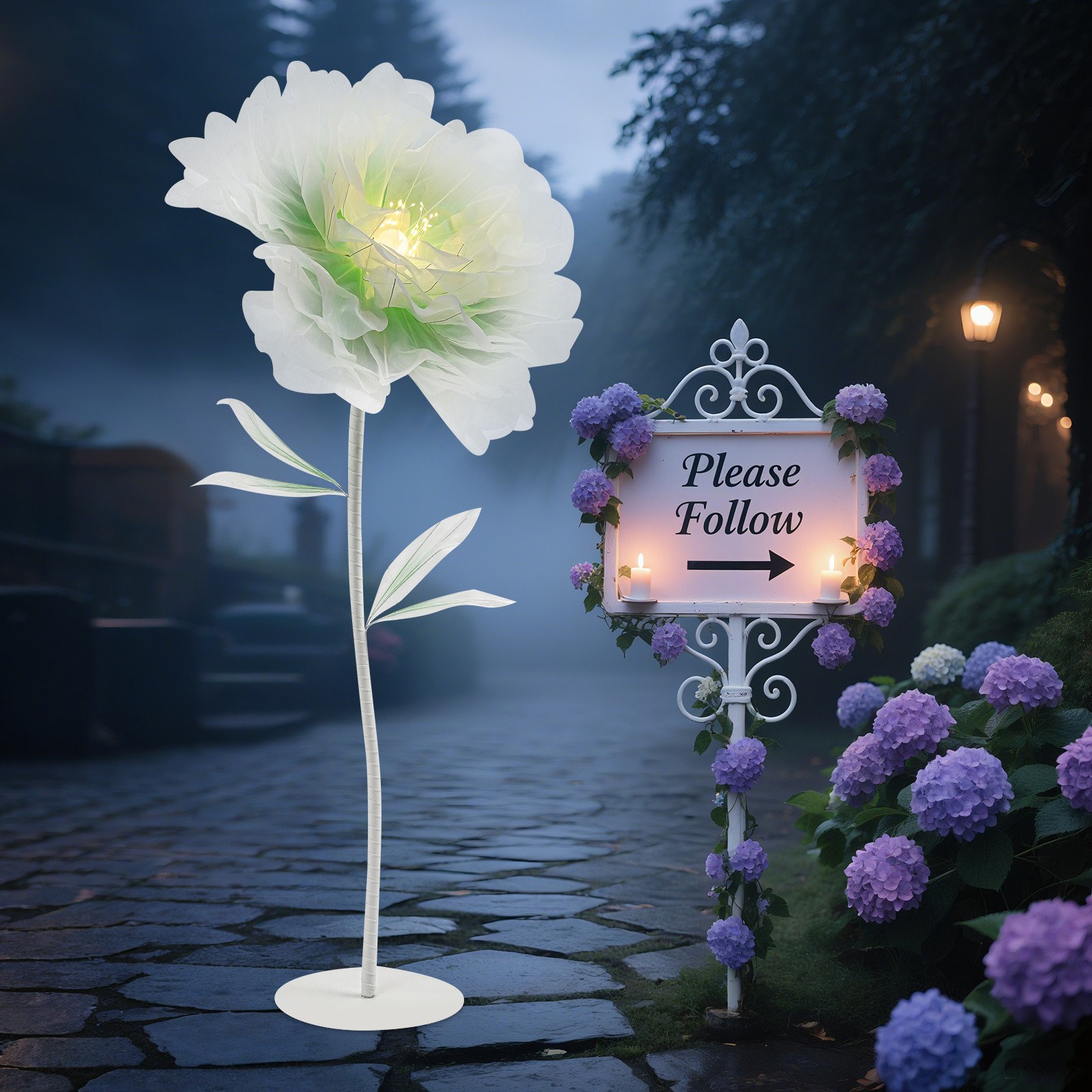 Auto-Open Artificial Flower with LED Light Green Floral Decor For Wedding Party