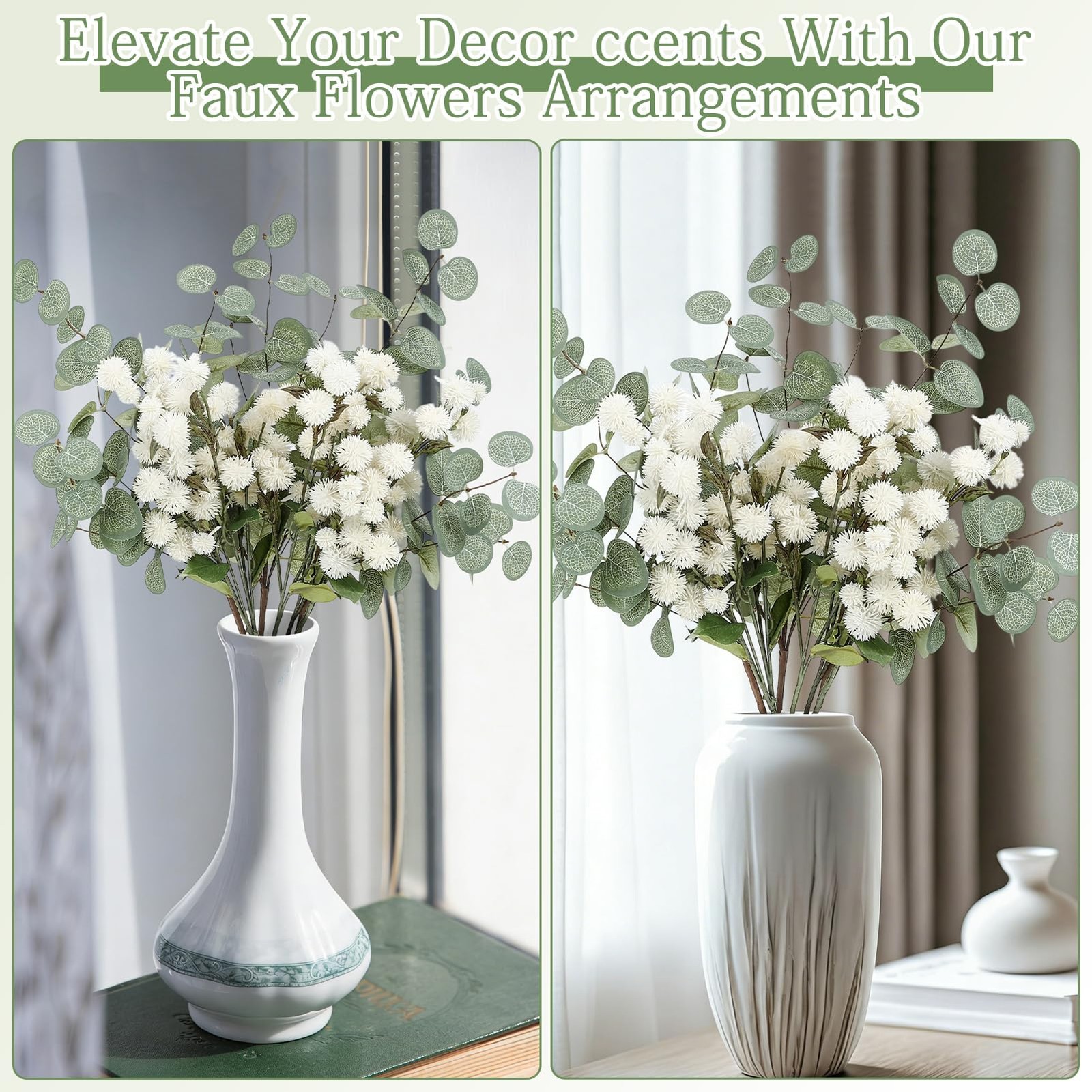 Artificial White Flower Chrysanthemum and Eucalyptus Stems Set,Faux Pom Pom F…