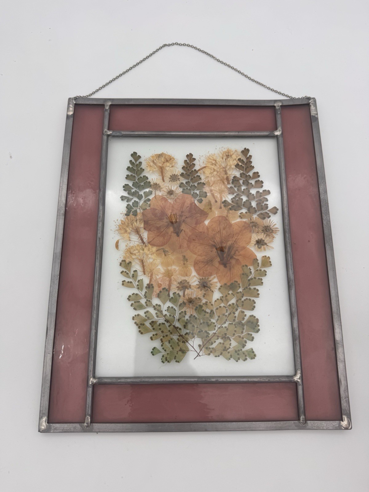 Pressed Dried Flowers Stained Glass Purple Pewter Frame Wall Window Hanging