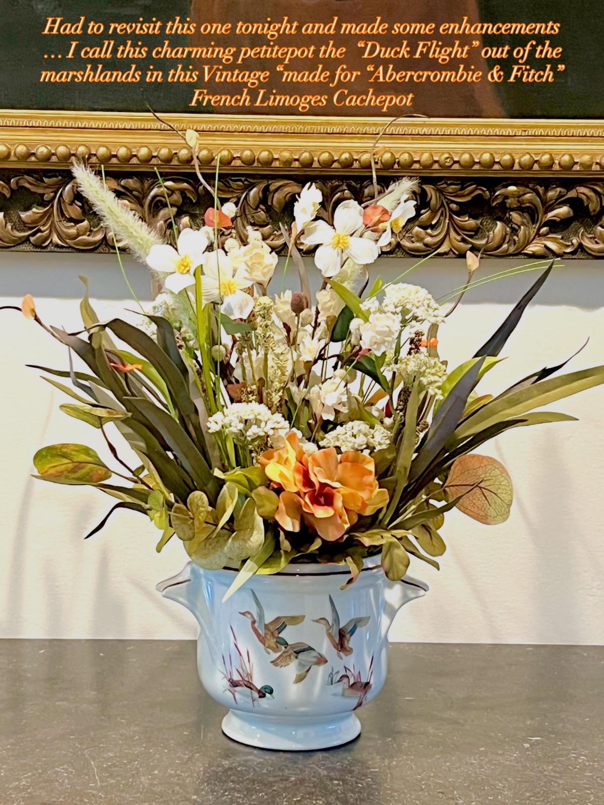 Faux Floral Arrangement in Vintage Abercrombie & Fitch Limoges Cachepot