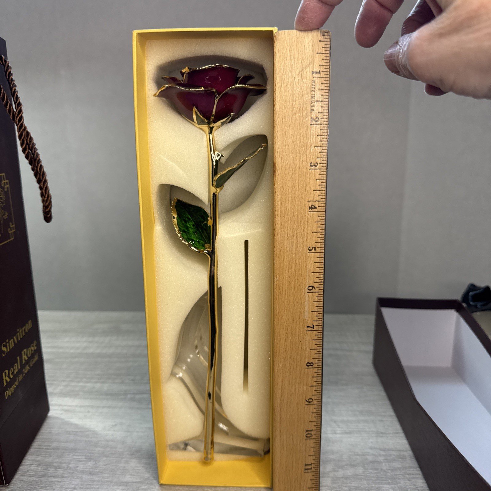 Beautiful Red Jewlers 24Kt Gold Dipped Real Rose Dark Pink/ Purple Box Bag Sta