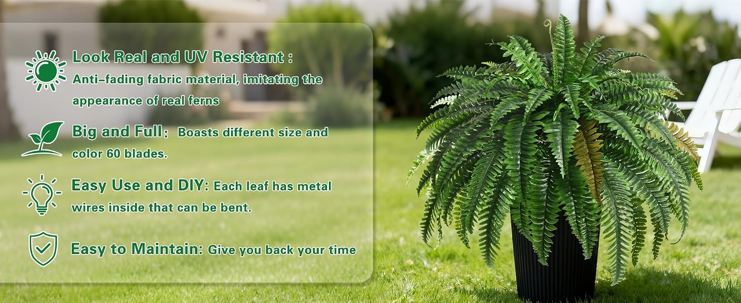 2PCS 45in Fake Ferns- Large Artificial Plants Outdoor, UV Resistant Artificial