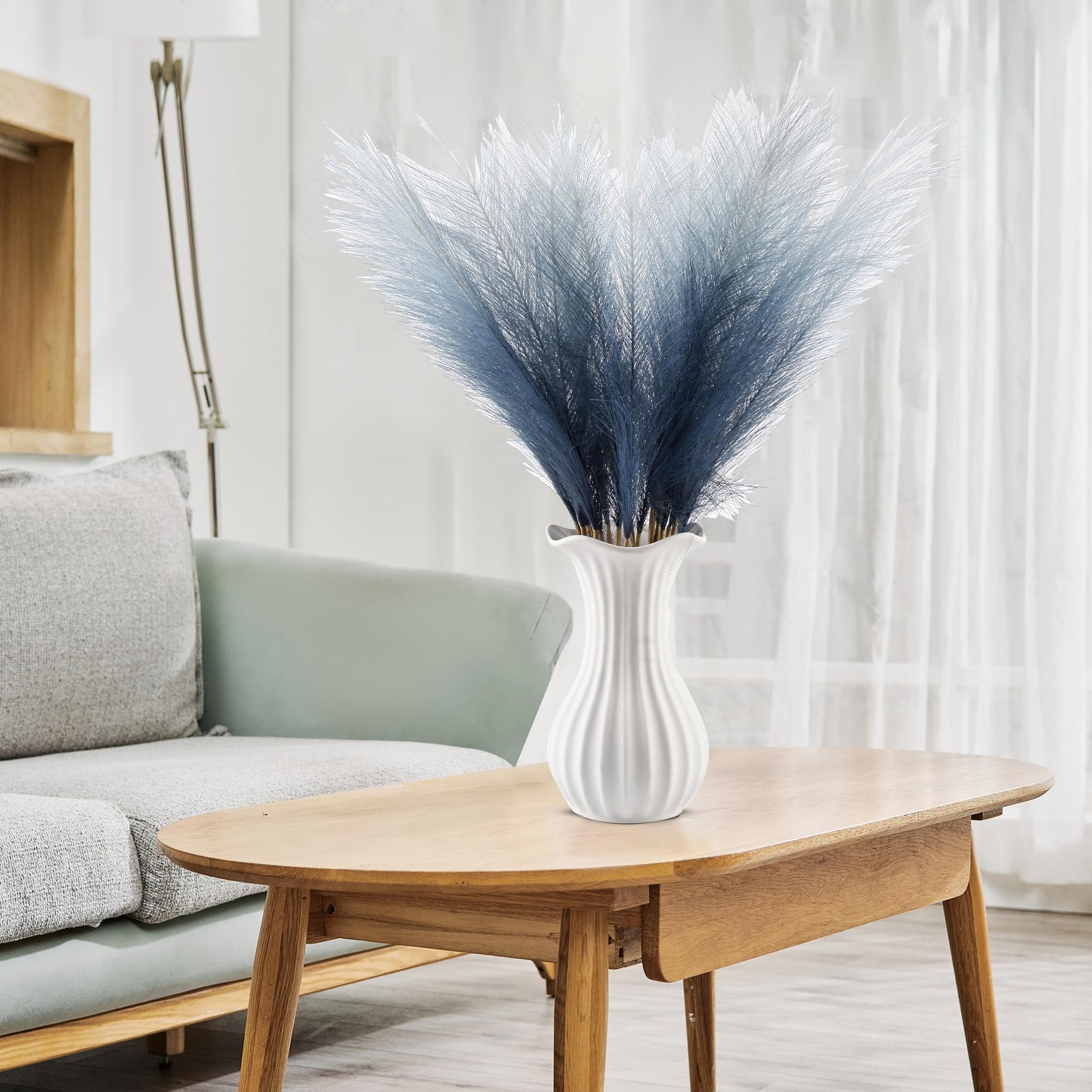 20PCS Blue Gradient Faux Pampas Grass 21.7″ for Vase Filler Decor
