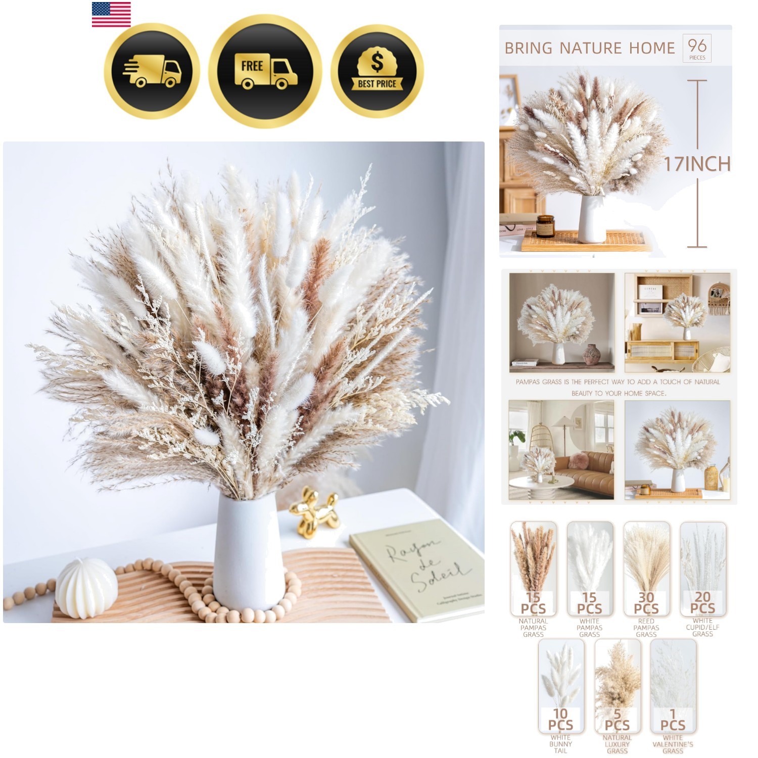 96PCS Natural Dried Pampas Grass Boho Home Decor Bouquet Phragmites Dried Flo…