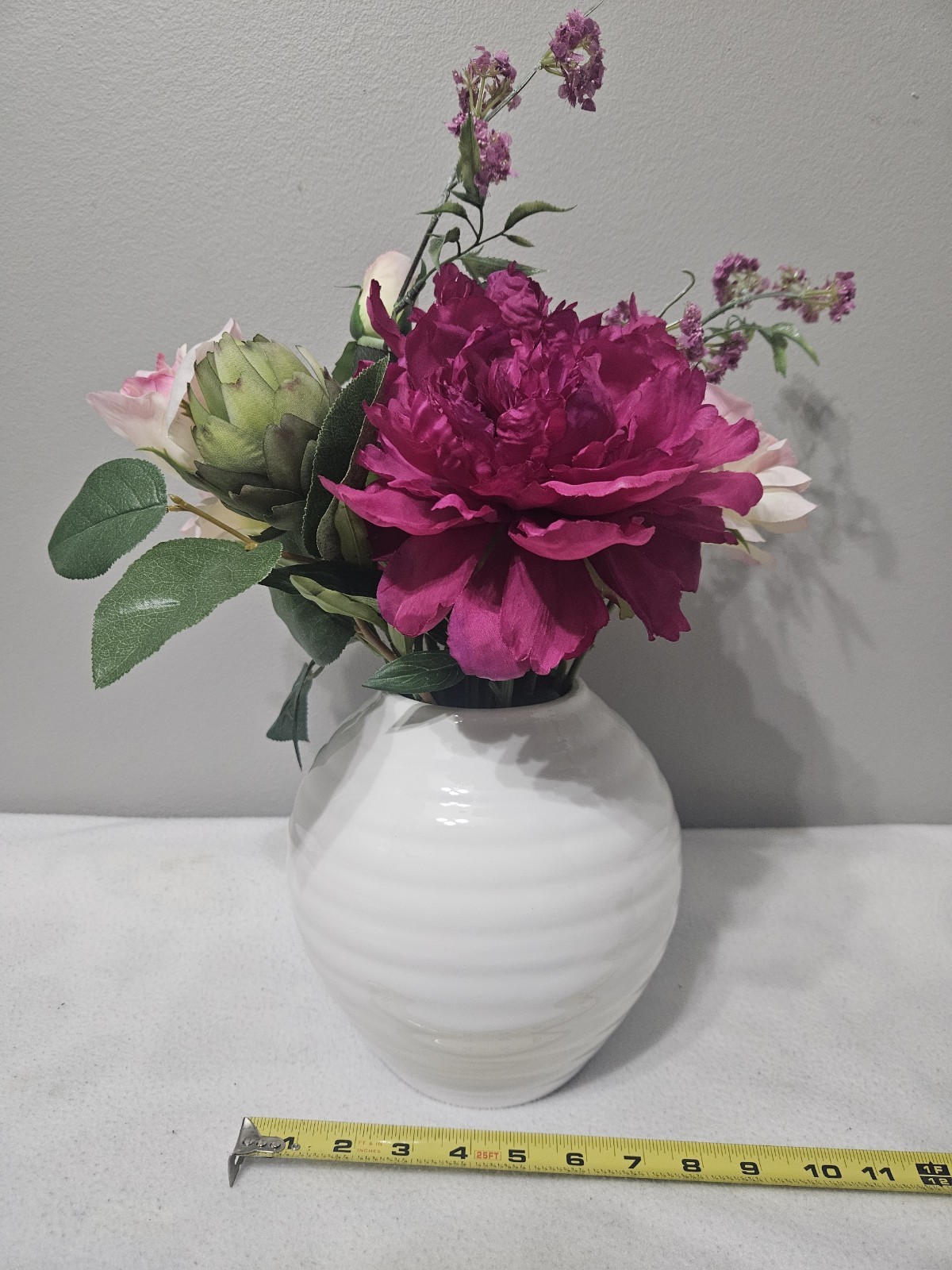 Vintage Flower Arrangements in White Ceramic Vase with Faux Water