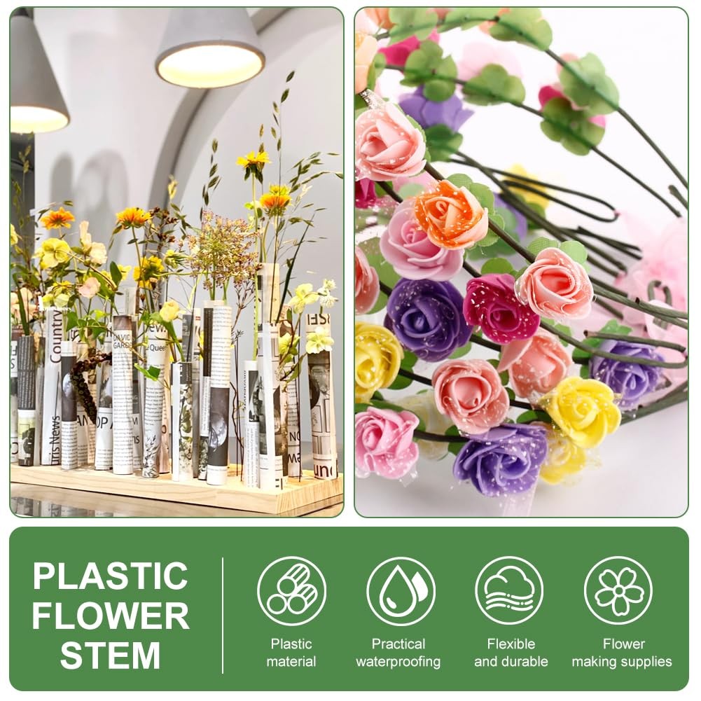 100 pcs Plastic Floral Stems for Crafts, Green Flower Rod Floral Stem Wire fo…