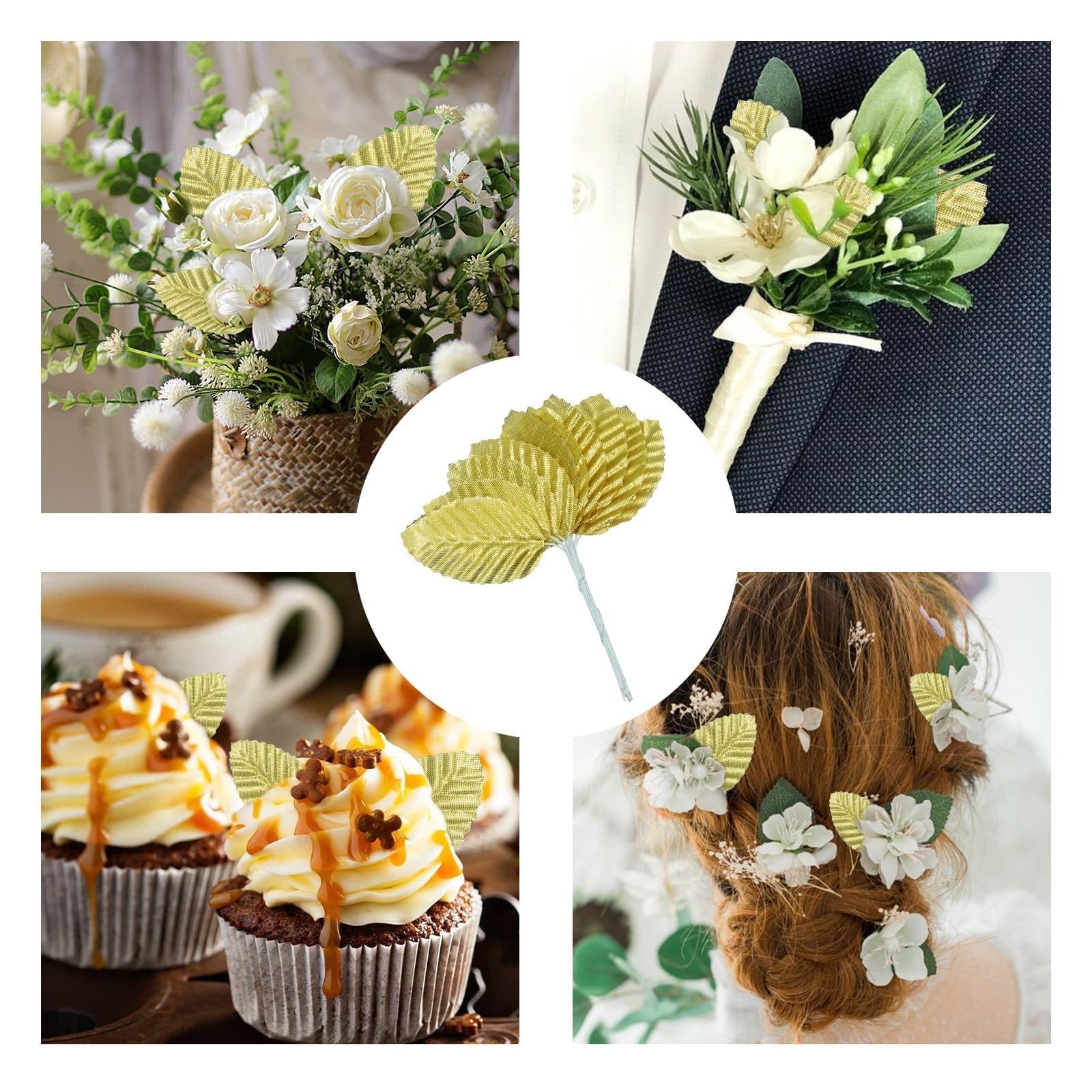 50 PCS Artificial Silk Leaf Fabric Floral Fake Wire Craft Faux Plant Gold