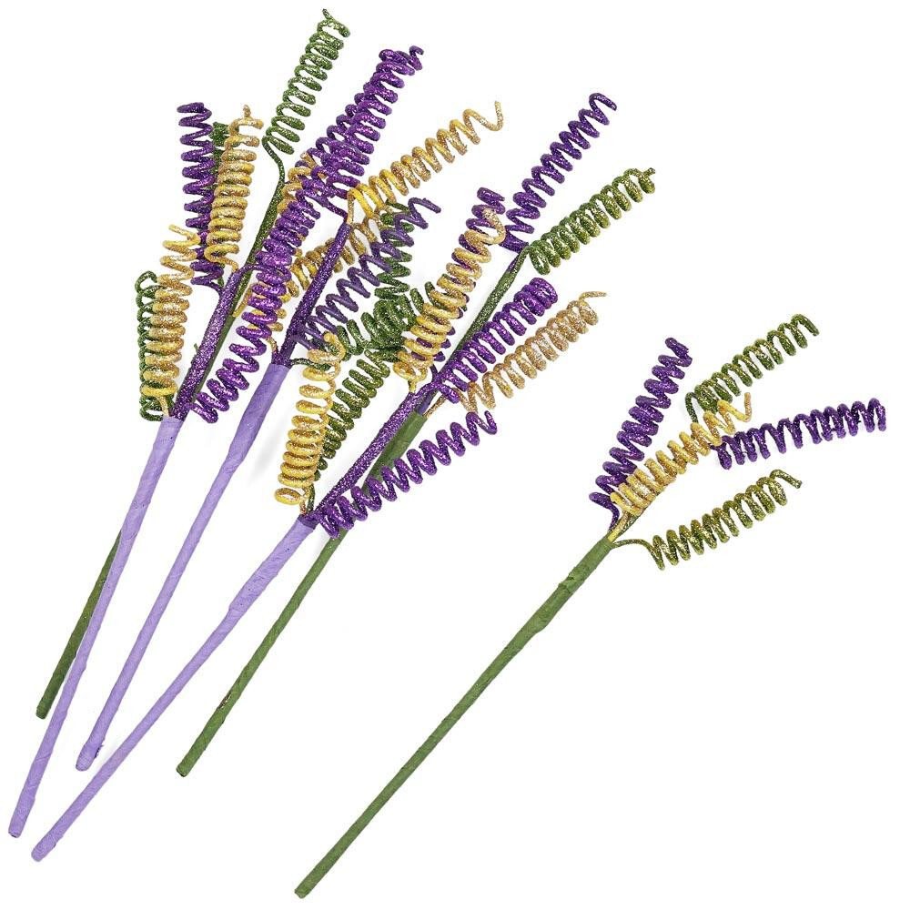 Set of 6 Decorative Mardi Gras Glitter Curly Spring Spray 16″ Stems