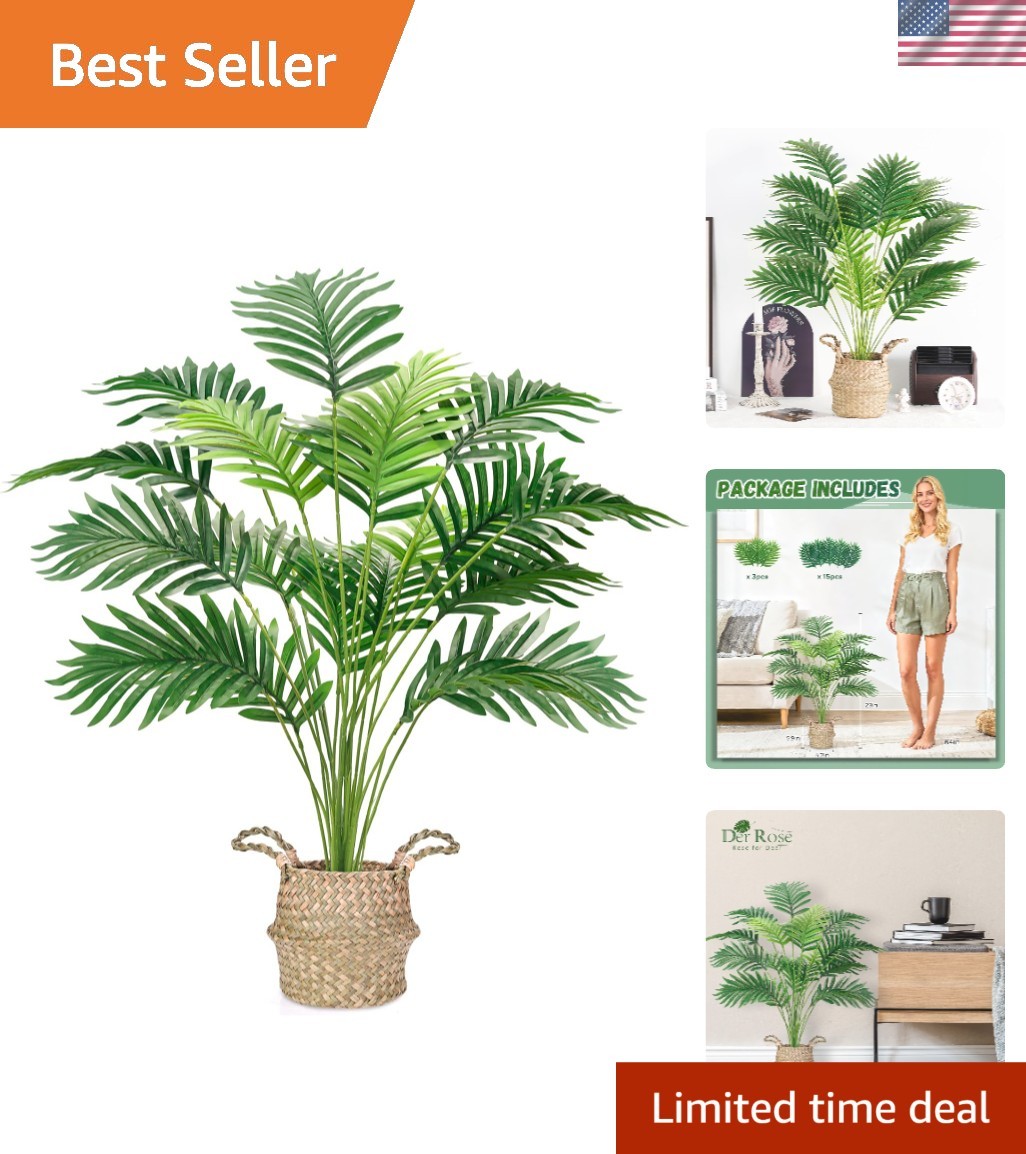 Realistic 28-Inch Fake Palm Plant with Lightweight Basket – Indoor/Outdoor Use