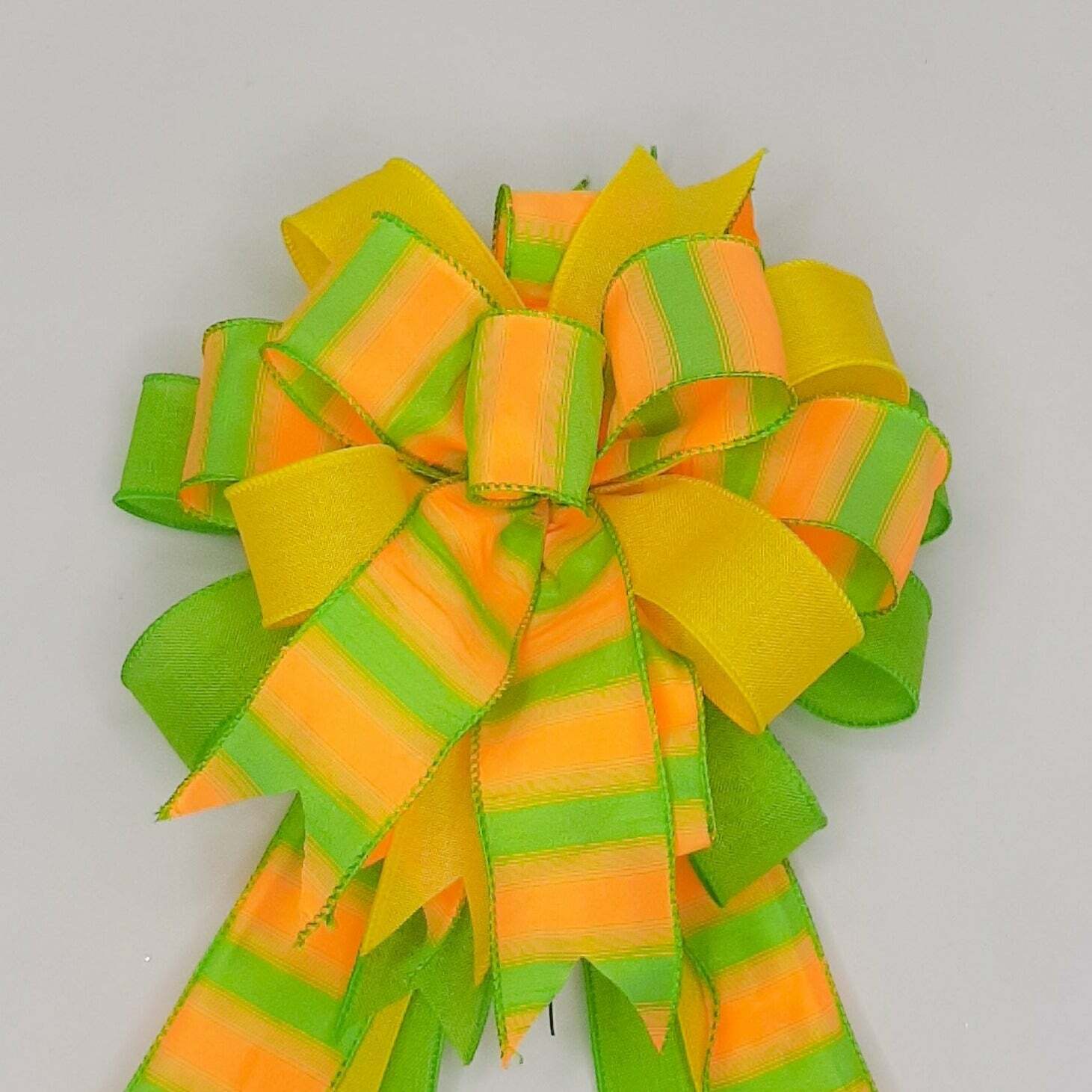 Spring Bow, Wreath Bow, Orange and Green Dupioni Stripes, Yellow and Green Linen