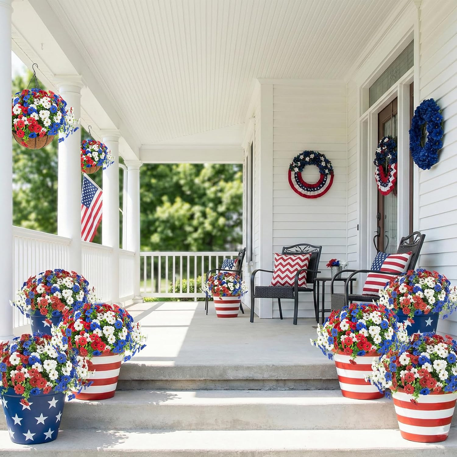 2 Pack Patriotic Hanging Flower Baskets for 4th of July Decor- Red, White, Blue