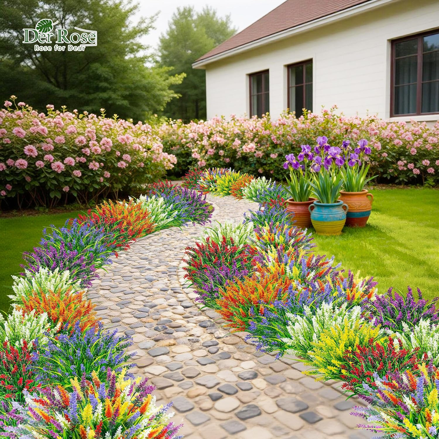 Der Rose 24 Bundles Artificial Plants Outdoor Fake Lavender Flowers UV Resistant