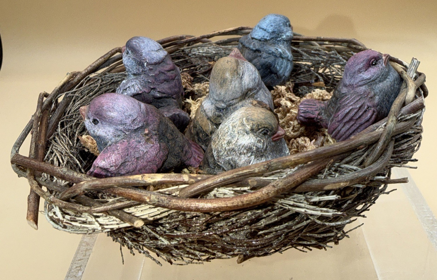 SET of 6 small Birds in Bird Nest (Man Made) – Resin or Ceramic?? – Unbranded