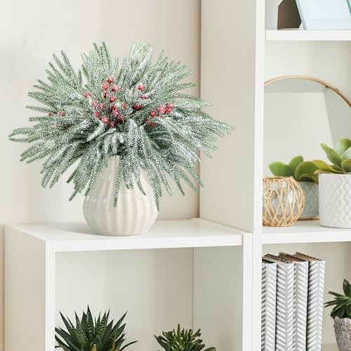 Christmas Snow Norfolk Pine Branches with Red Berry Stems, 60 Pcs Snowy B Style
