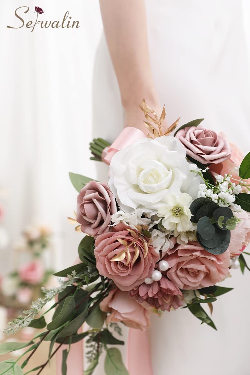 9.8 Inch Wedding Bouquets for Bride Bridesmaid, Dusty Pink Peonies Bridal Bou…
