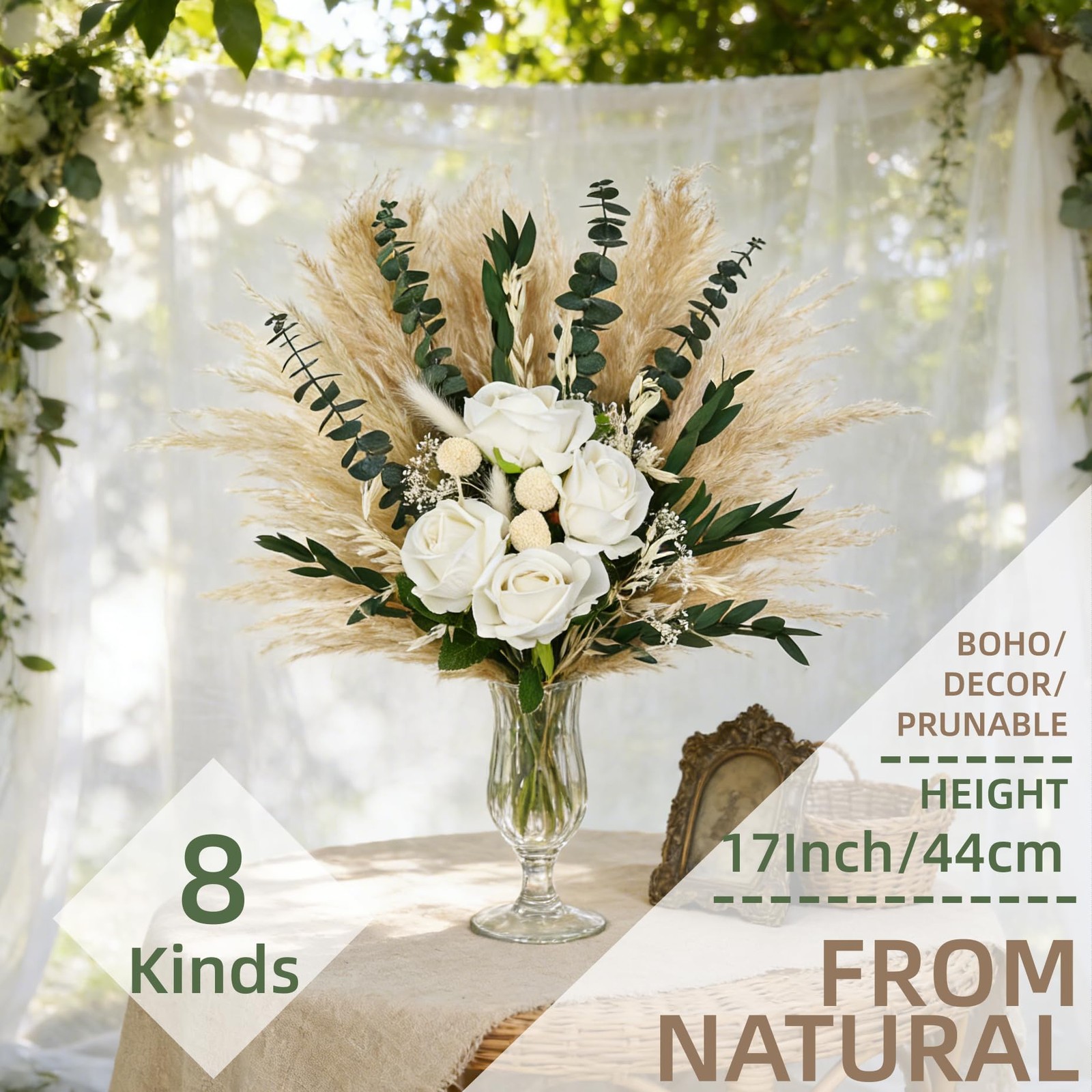 Begie Pampass Grass with Fake Roses Fluffy Dried Flowers with Eucalyptus Stem…