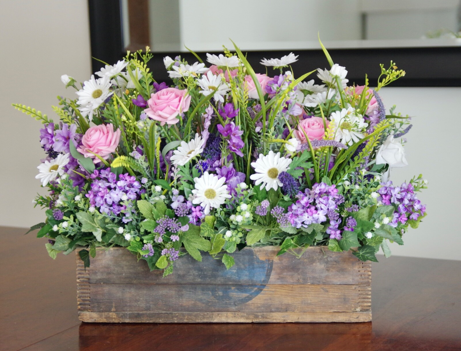 Vintage Wooden Box With Silk Pink and White Rose and Lavender Lilac Arrangement