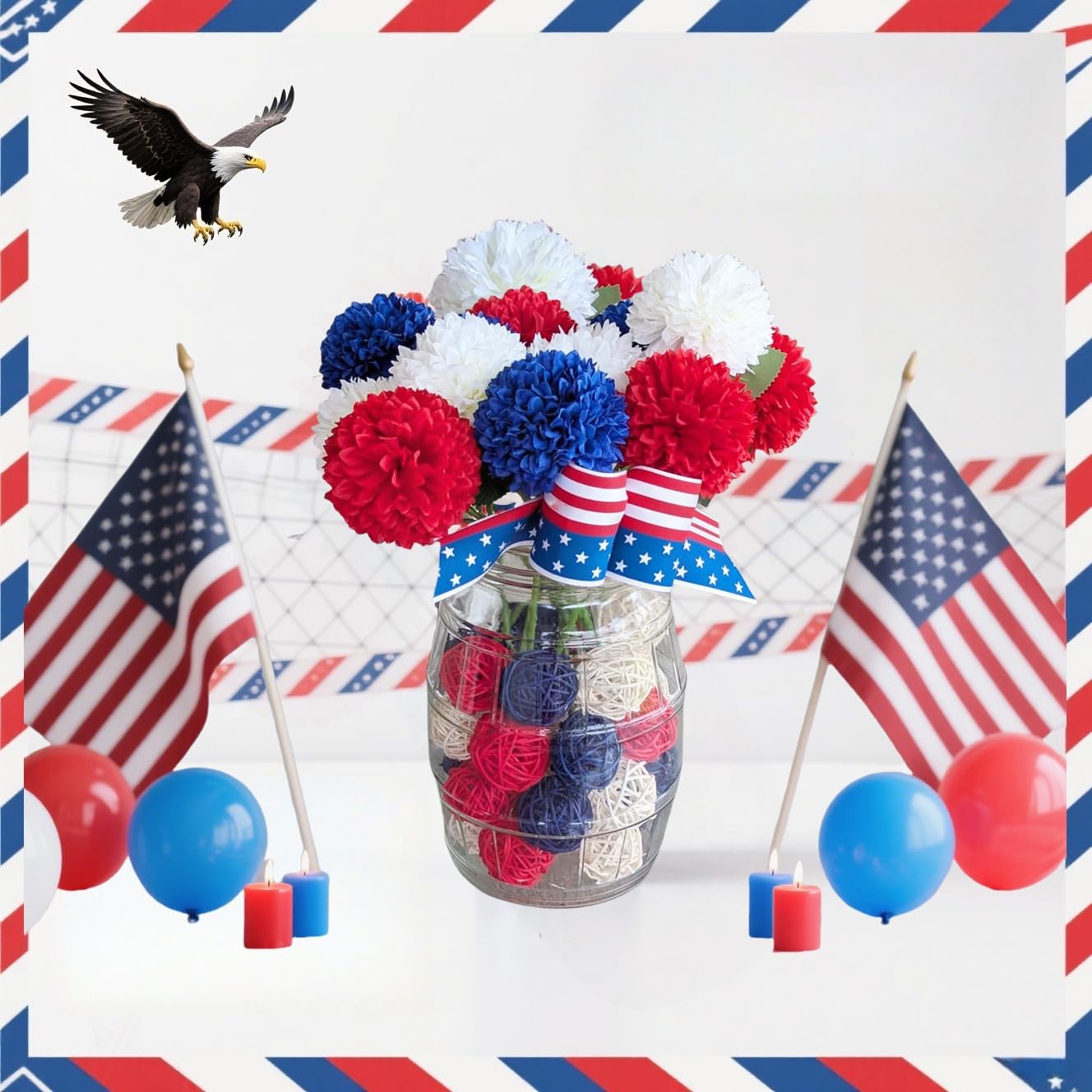 Red White Blue Patriotic Artificial Silk Faux Ball Chrysanthemum 12 PCS