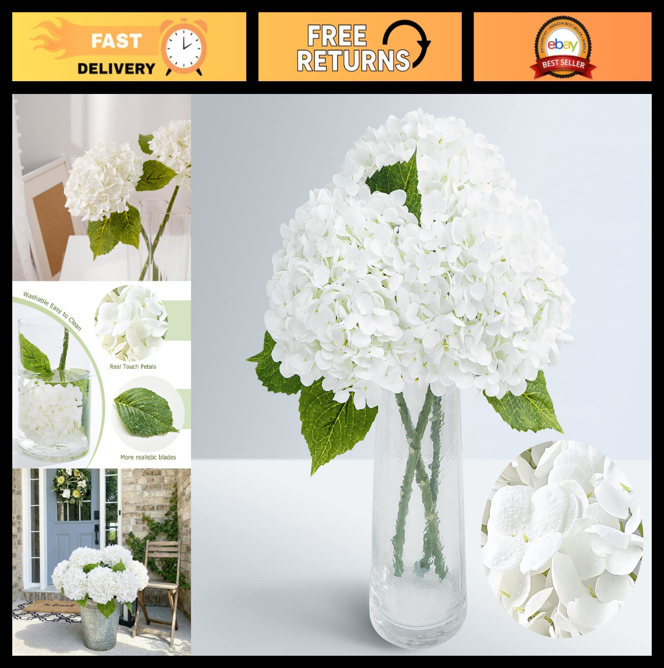 21″ Realistic White Hydrangea Faux Flowers – Long Stem, Full Latex, 3Pcs for Hom