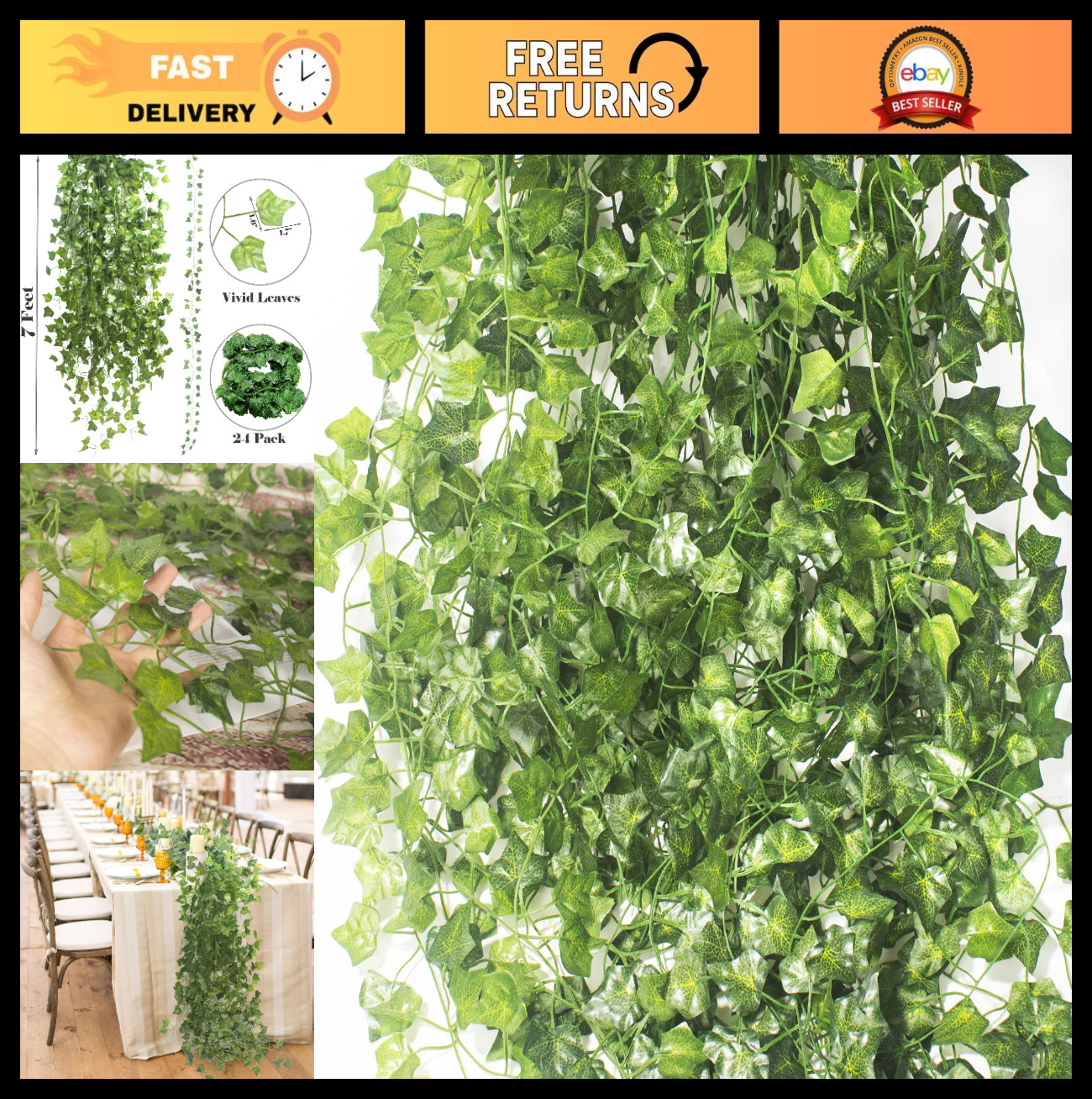 24 Pack Artificial Ivy Leaves Garland – Greenery Hanging Vines for Wedding & Hom