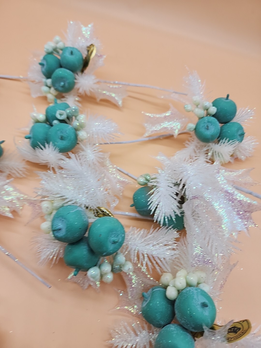 Lot of 11 Regency International Glittery 7″ Teal Apple Christmas Spray Stems NOS