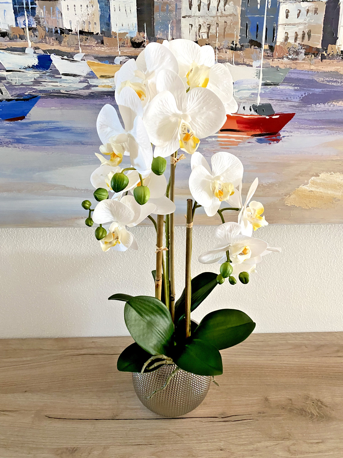 Artificial Flower Arrangement White Phalaenopsis Orchid in Silver Ceramic Vase