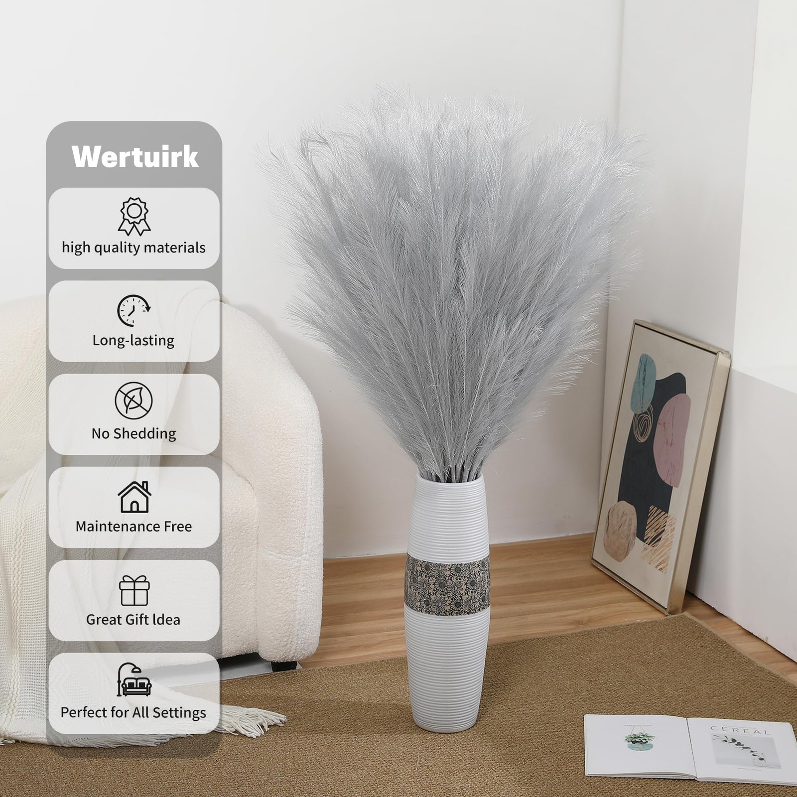 8 PCS Silver Pampas Grass Decor 45 Inch Tall Large Faux Pompous Artificial