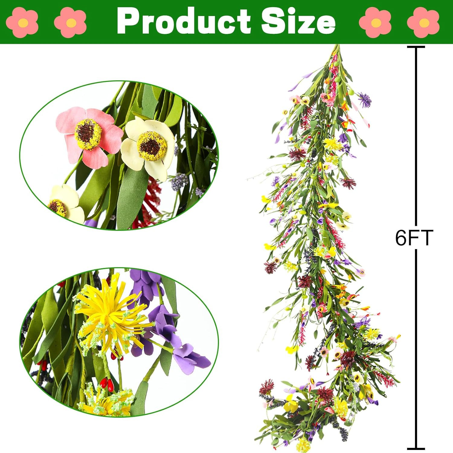 6 Ft Artificial Wildflower Garland, Wisteria Flowers Daisy and Lavender Faux Flo