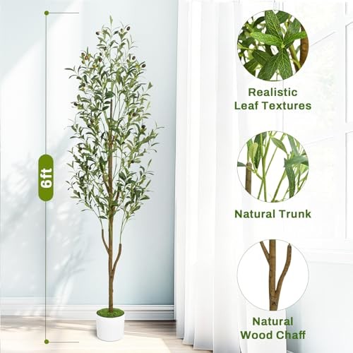 Artificial Olive Tree Tall Faux Olive Trees with Planter & Basket, 6FT Green