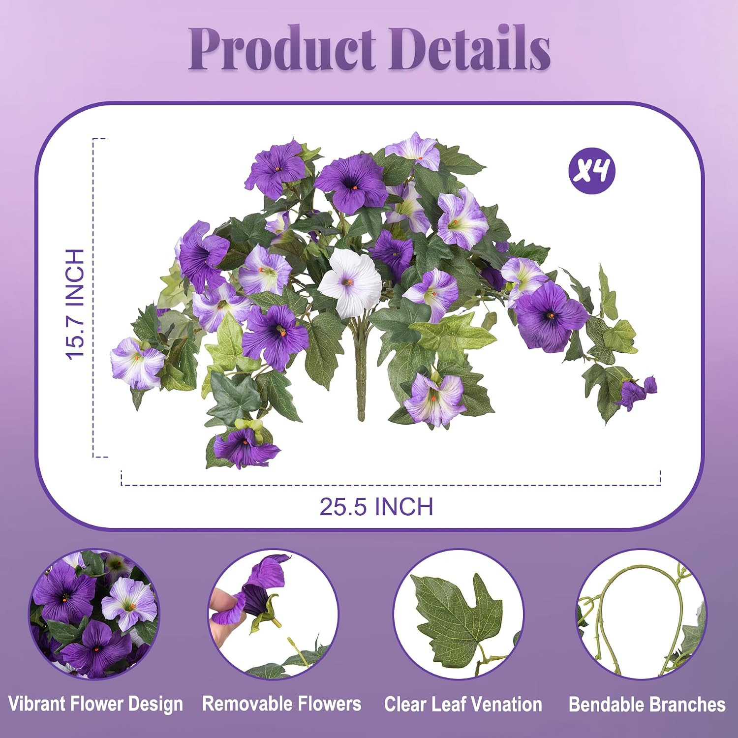 4 Pcs UV Resistant Faux Petunia Flowers for Indoor/Outdoor Decor – Purple & Whit