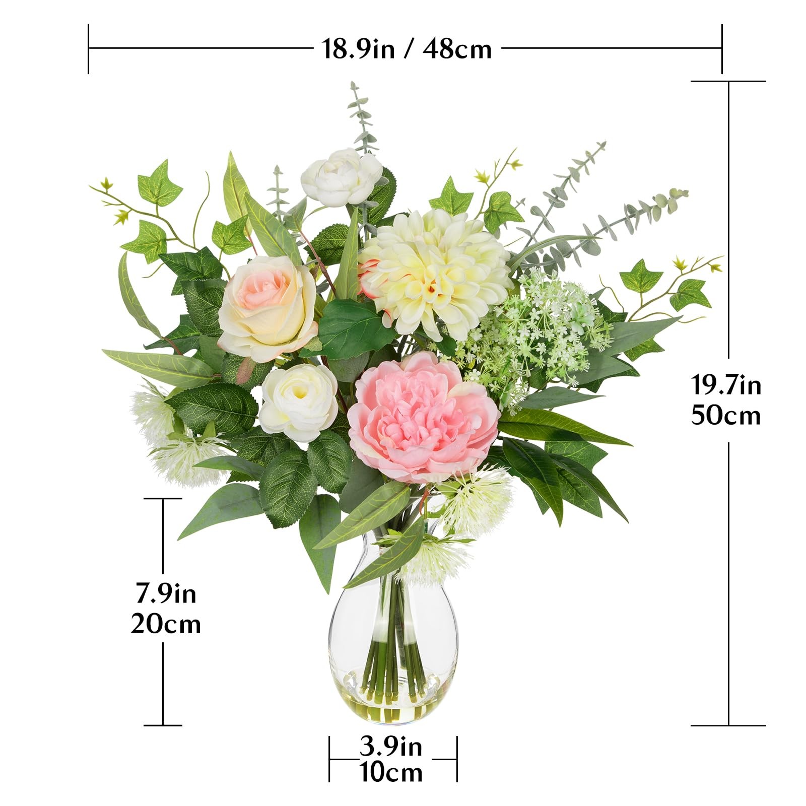 Artificial Floral Arrangement with Faux Water – 19.7” Tall Mixed Peony, Rose,…