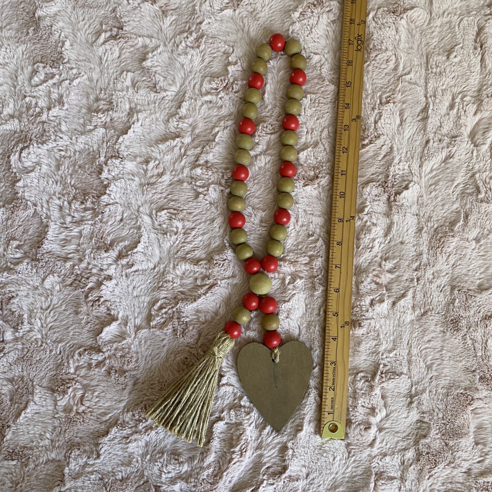 Wood Bead Pink & Tan Tassels Heart Love Garland Loop 17″