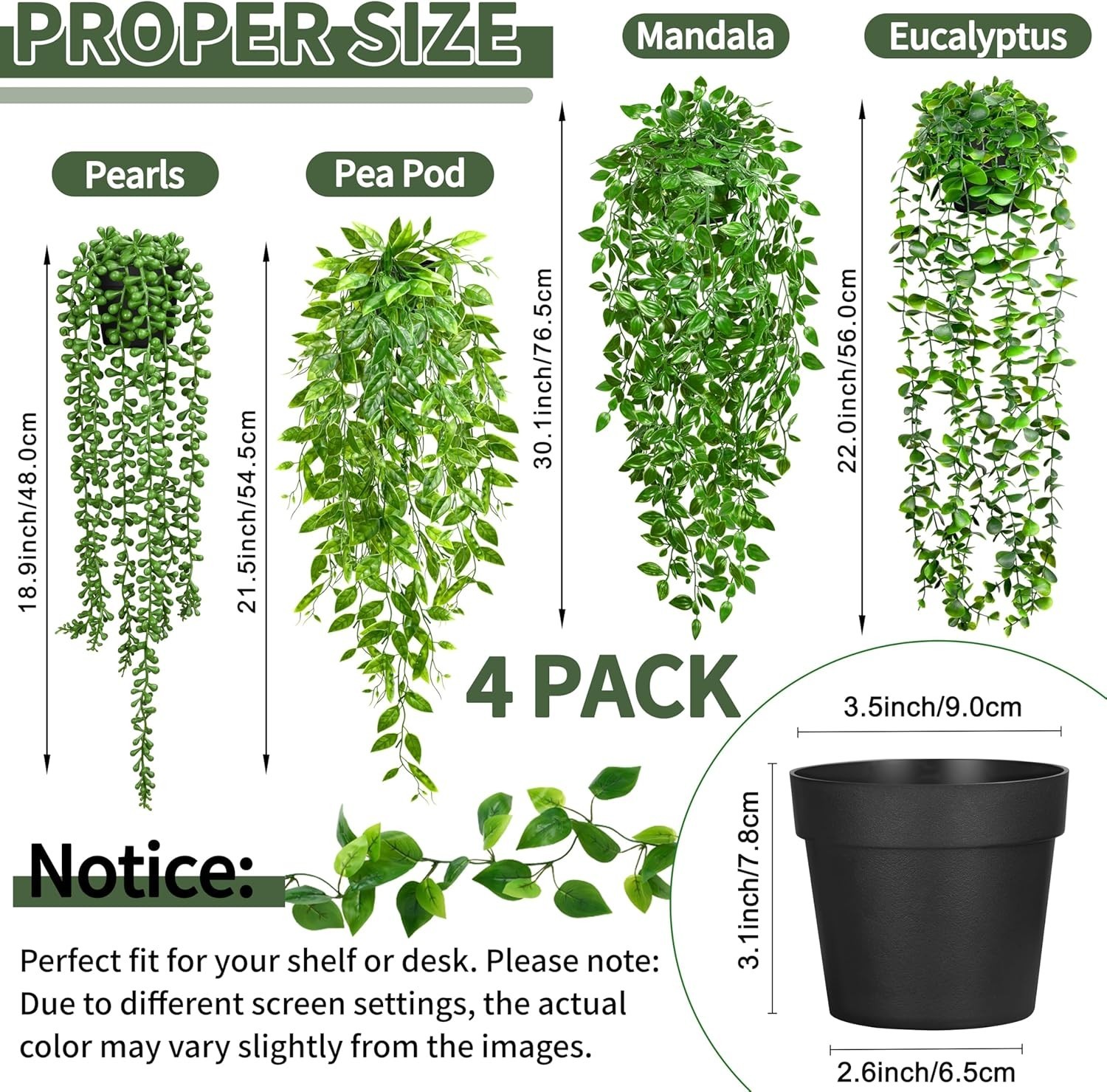 4 Pack Faux Artificial Hanging Plants, UV Resistant Fake Potted Greenery with…
