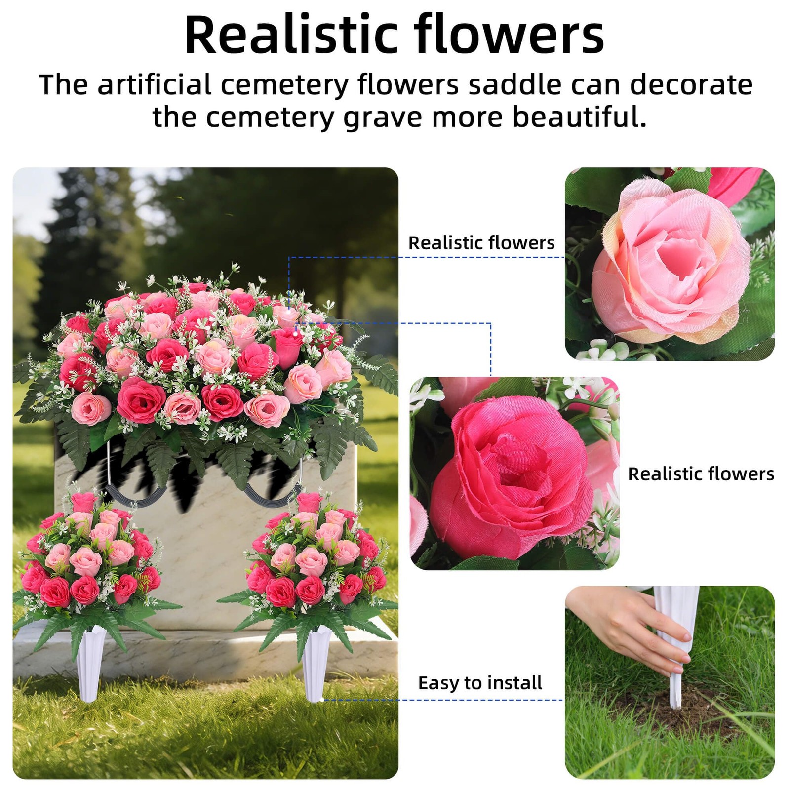 Lodou 3 Sets Cemetery Flowers for Grave,Headstone Flower Saddle,Grave Memorial F