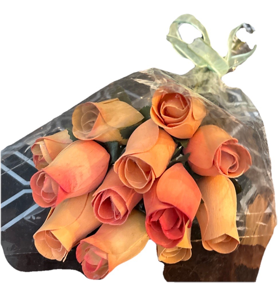 coral bouquet of 12 Closed Bud Wooden Roses