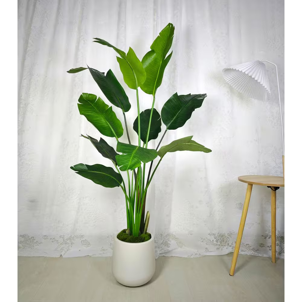 5 Ft. Artificial Banana Leaf Tree Bird of Paradise in White Decor Pot, Faux Gree