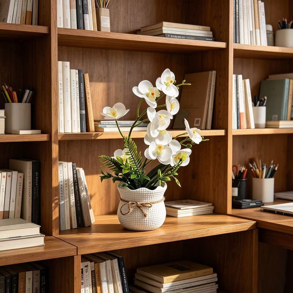 Plastic and Soft Rubber White Orchid Flower for Home Decor in Grid Pot