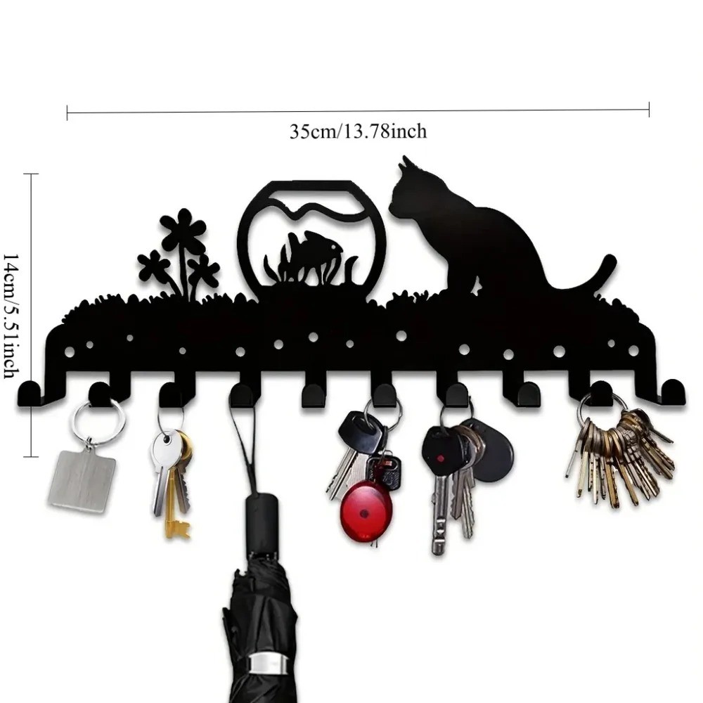 Adorable Black Cat Metal Key Holder Iron Art Entryway Organizer Home Decor