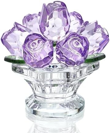 Handcraft Crystal Purple Rose Flower Figurine with Crystal Base, Glass Rose Flow