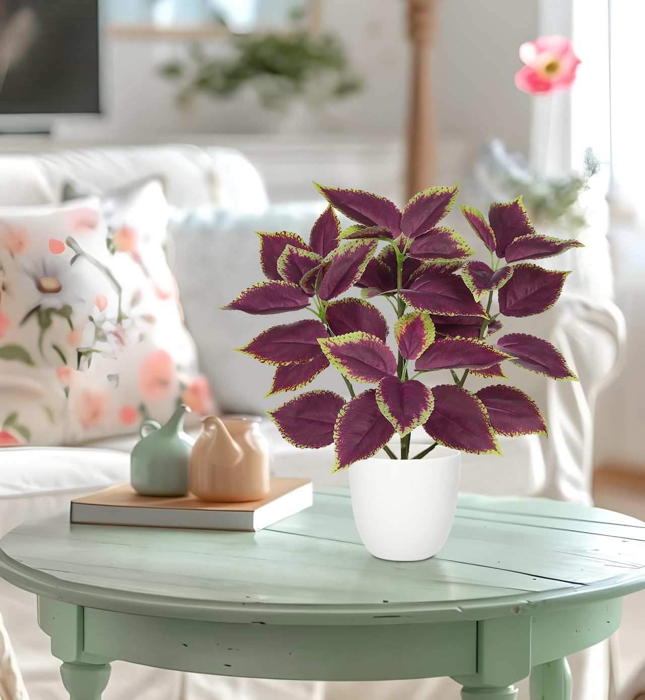 Artificial Plants Indoor 14.2″ Small Fake Perilla Plant in Pot Potted Plants …