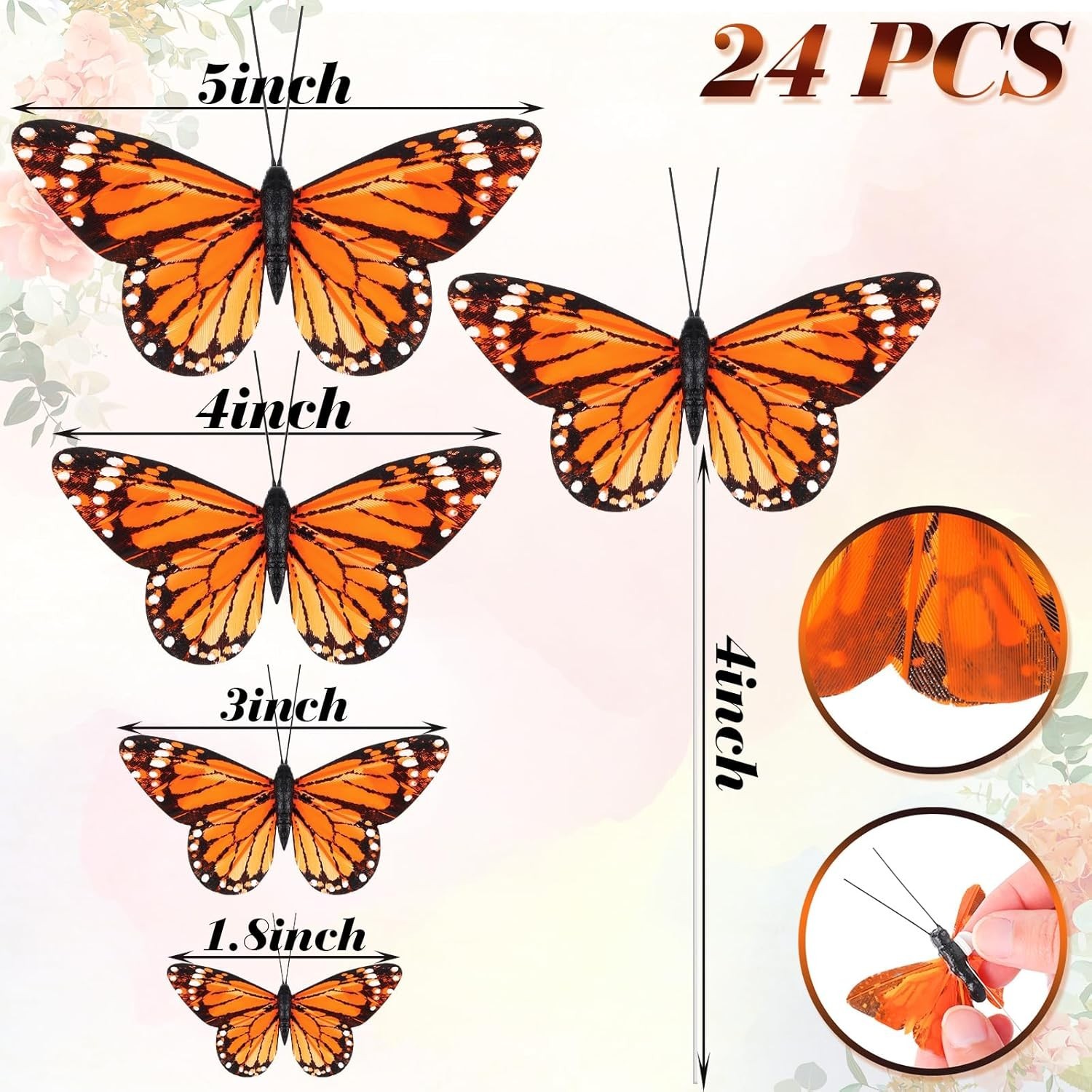 24 Pcs Monarch Butterfly Decorations 4 Size Artificial Monarch Feather Fake B…