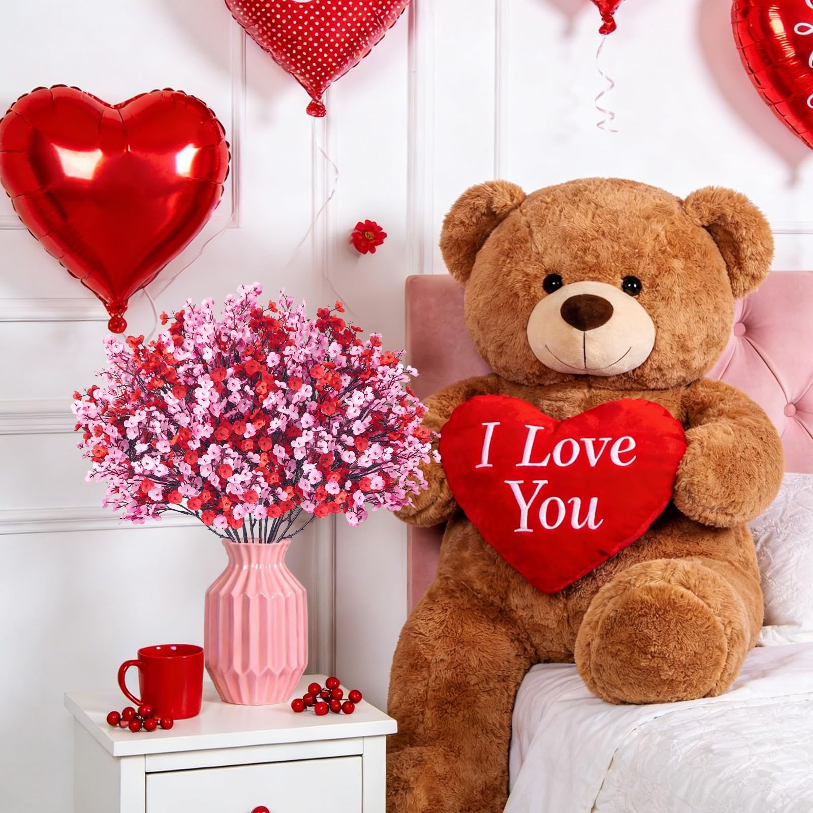 6 Pcs Valentine’s Day Artificial Baby’s Breath Flowers, Red Pink Faux Gypsoph…